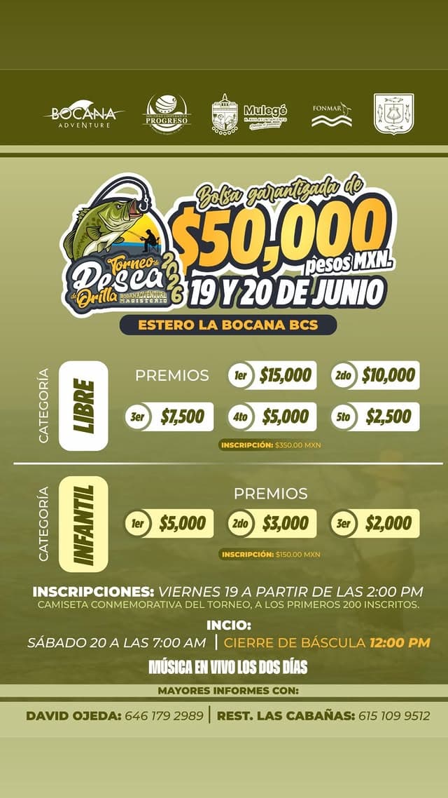 Flyer oficial del Torneo de Orilla Bocana Adventure 2026: bolsa garantizada $50,000 MXN, 19 y 20 de junio de 2026 en Estero La Bocana, Baja California Sur